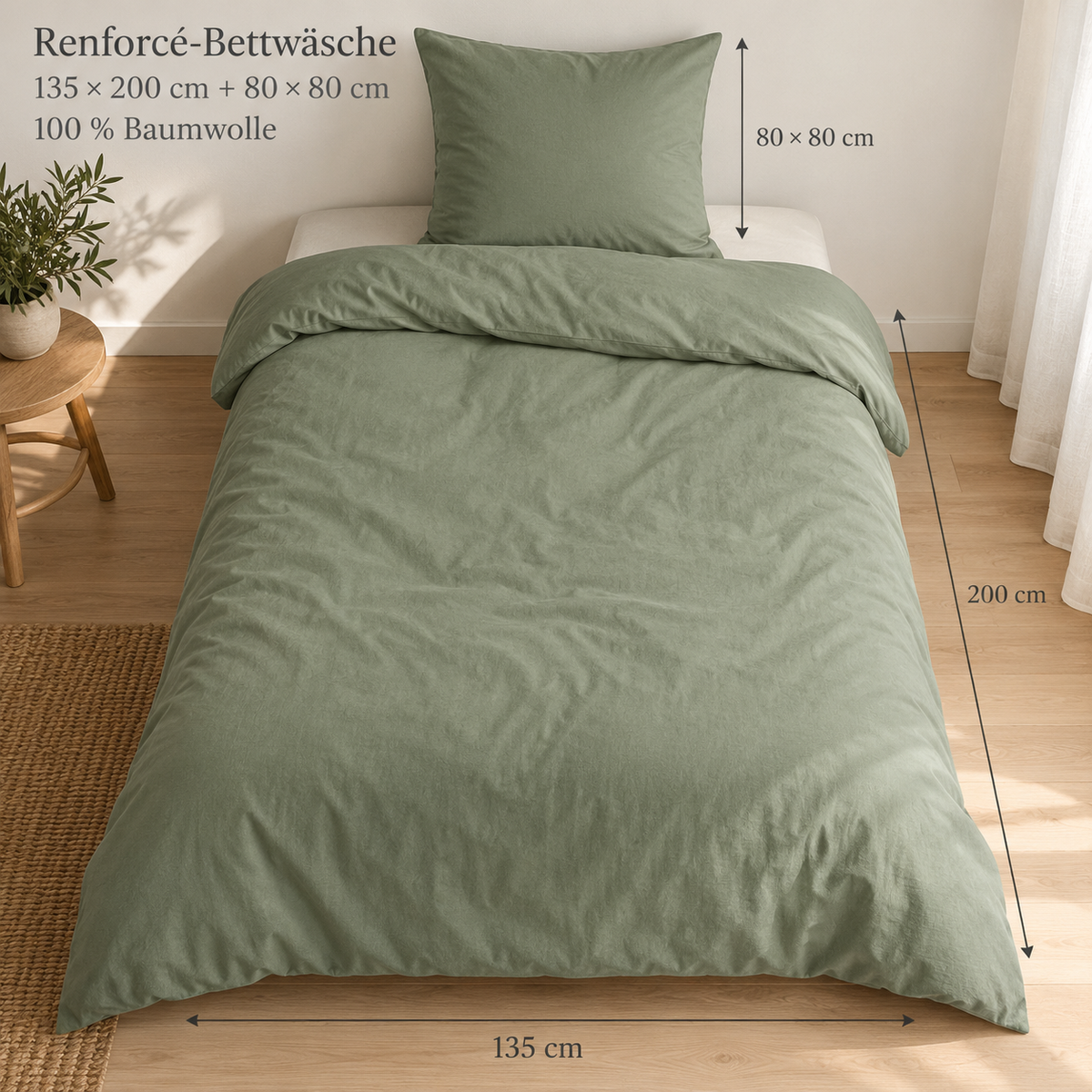 Renforcé-Bettwäsche aus Baumwolle, 135 x 200 cm + 80 x 80 cm, Salbeigrün