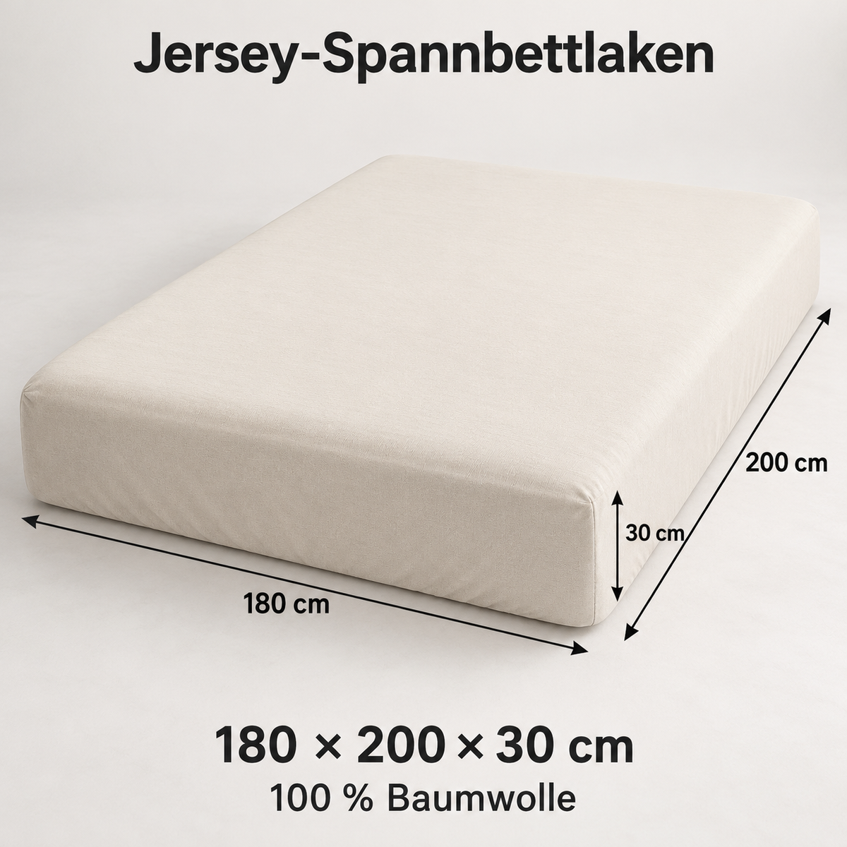 Jersey-Spannbettlaken aus Baumwolle, 180 x 200 x 30 cm, Elfenbein