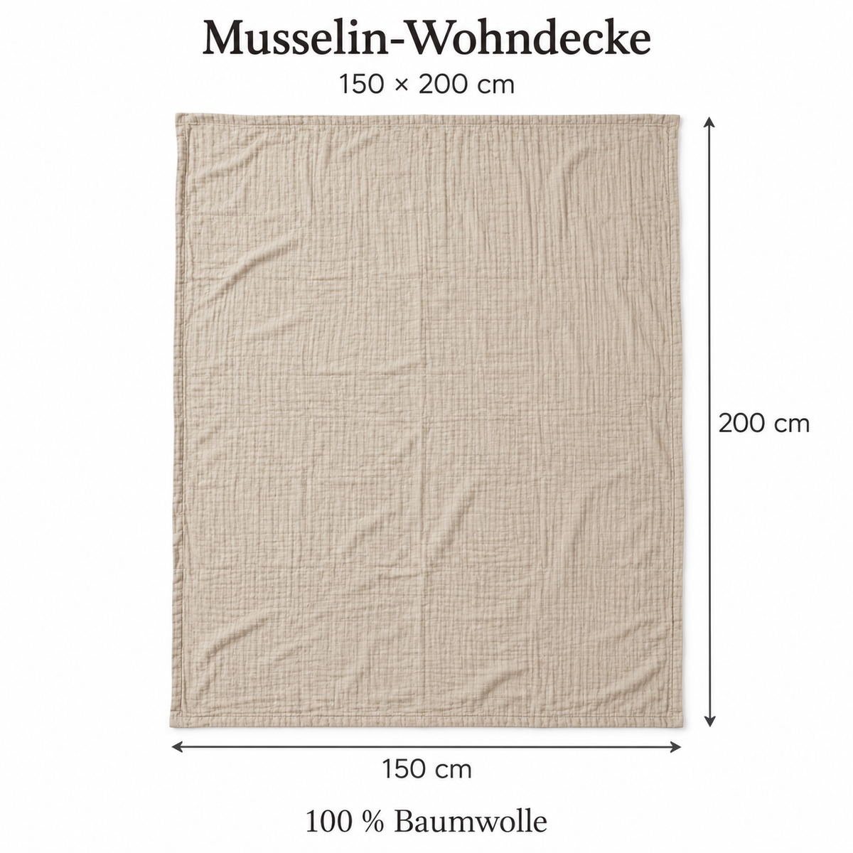 Vierlagige Musselin-Wohndecke aus Baumwolle, 150 x 200 cm, Sandbeige