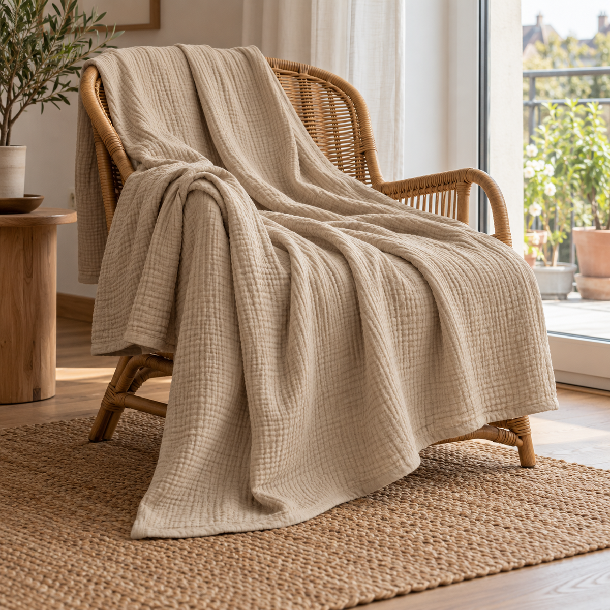 Vierlagige Musselin-Wohndecke aus Baumwolle, 150 x 200 cm, Sandbeige