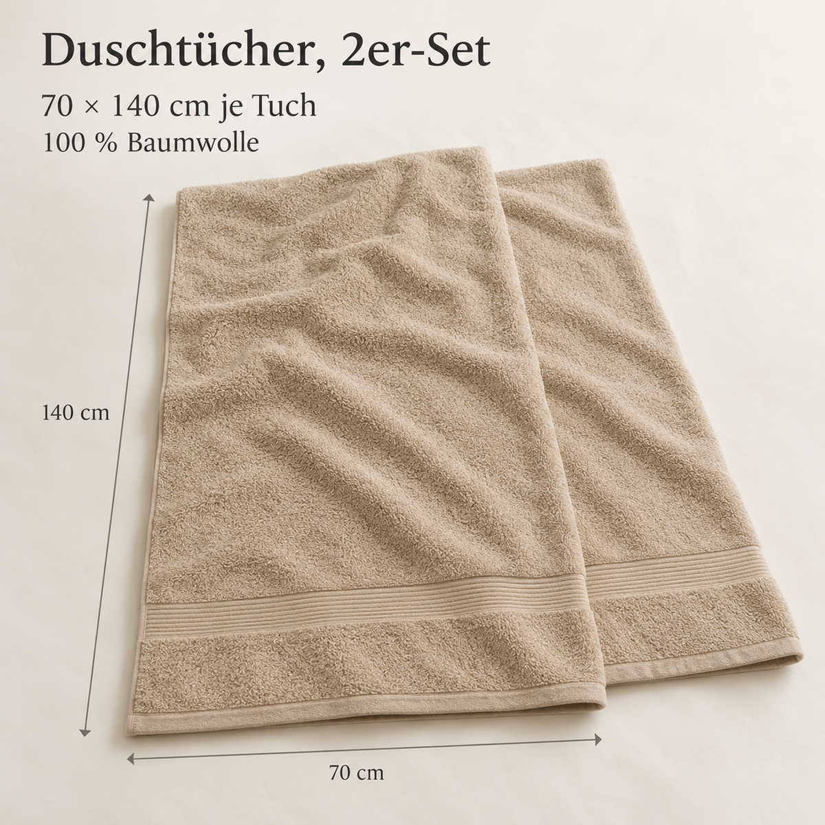 Frottee-Duschtücher aus Baumwolle, 2er-Set, 70 x 140 cm, Sand