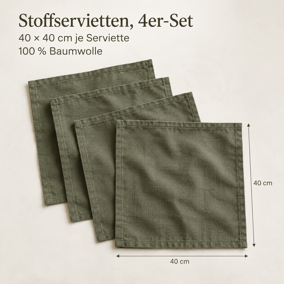 Stoffservietten aus Baumwolle, 4er-Set, 40 x 40 cm, Olivgrün