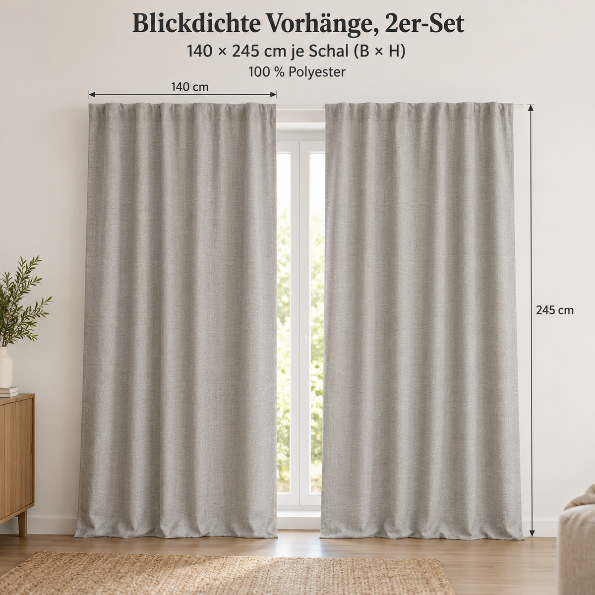 Blickdichte Vorhänge, 2er-Set, je 140 x 245 cm, Warmhellgrau